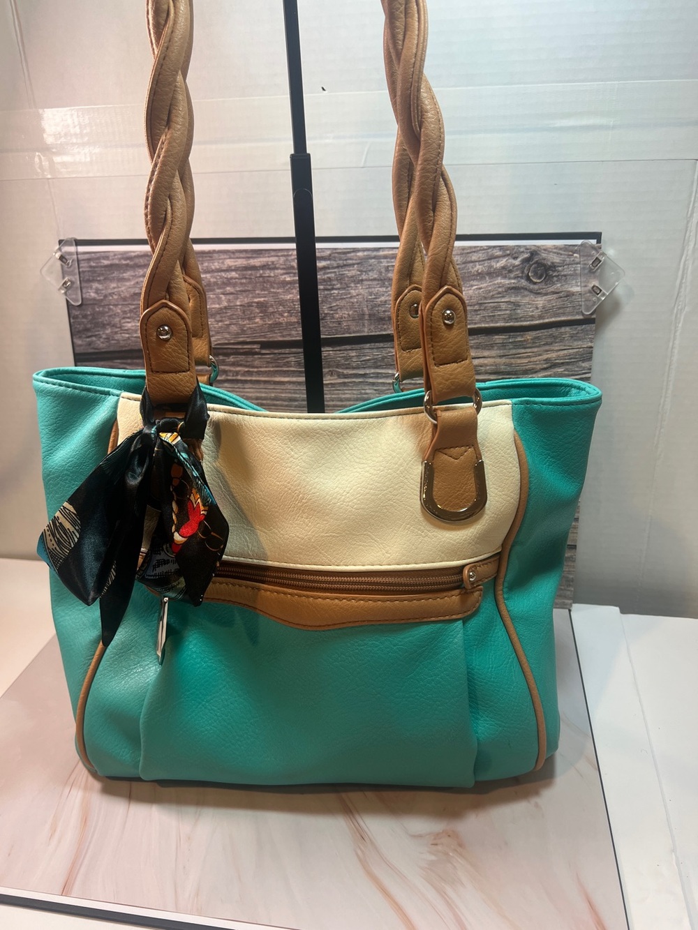 Rosetti Turquoise Cream Colorblock Braided Shoulder Bag Purse